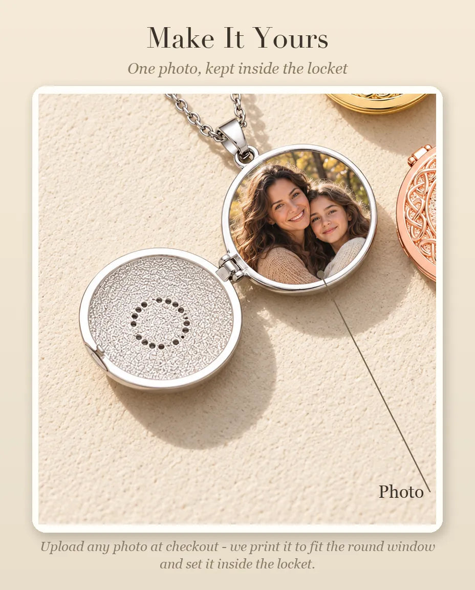 Personalization guide showing where your photo goes inside the four-loop Celtic knot photo locket