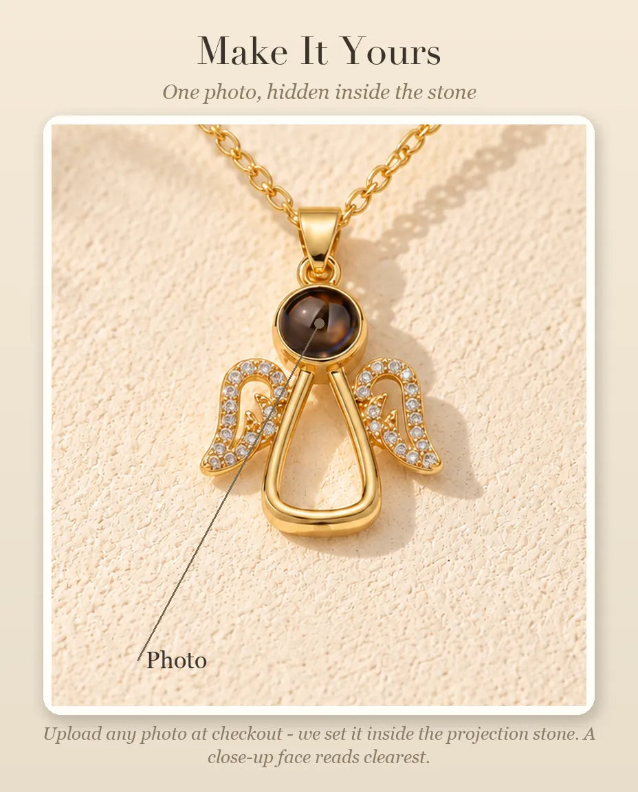 Personalization guide showing where your photo goes inside the projection stone of the angel necklace