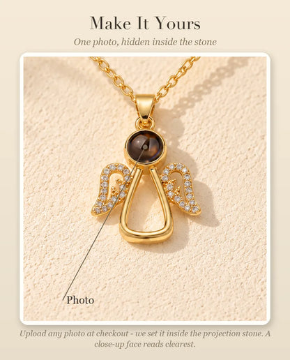 Personalization guide showing where your photo goes inside the projection stone of the angel necklace