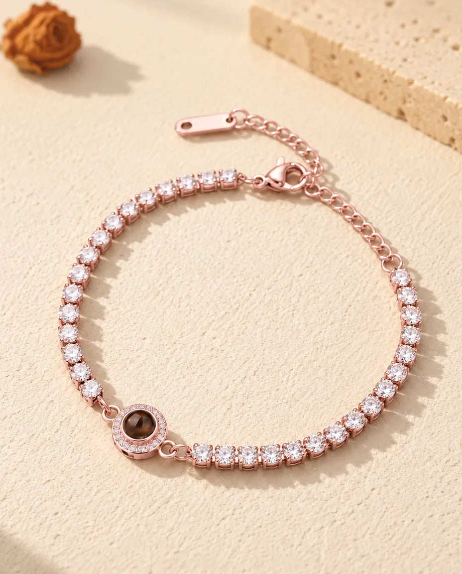 Rose gold tone halo photo projection tennis bracelet with lobster clasp and extender chain