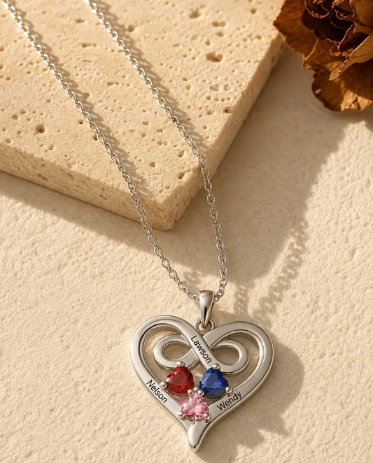 Personalized Heart Birthstone Necklace with 3 Names Engraved - front view in silver