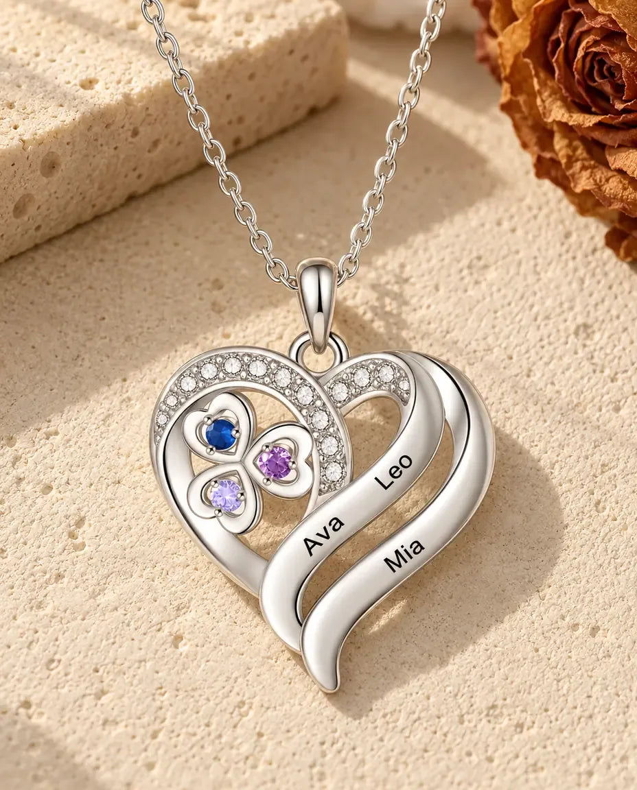 Personalized Heart Clover Birthstone Necklace - front view in silver
