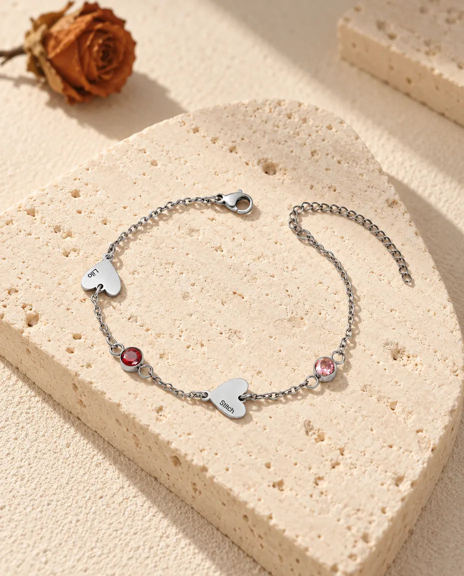 Two-name heart bracelet with two engraved hearts and two birthstones