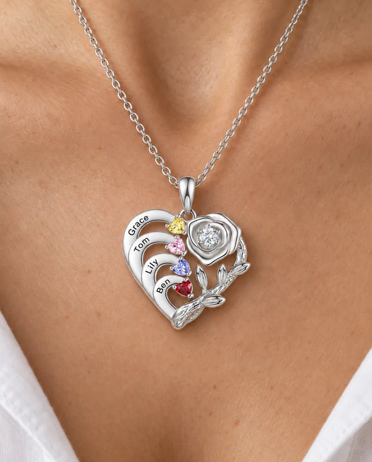 Personalized Heart Birthstone Necklace for Mom & Grandma - worn on a model