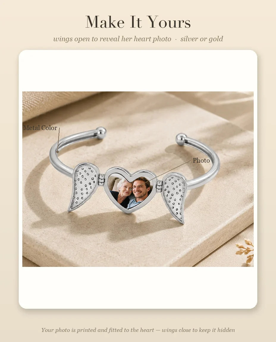 Personalization guide: heart photo position and metal color options for the winged bangle