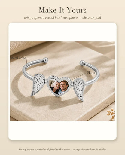 Personalization guide: heart photo position and metal color options for the winged bangle