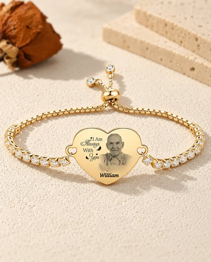 Gold tone version of the engraved photo heart tennis bracelet