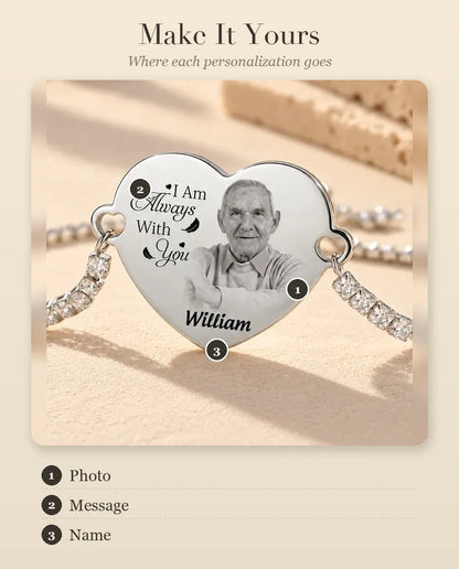 Personalization guide for the photo heart bracelet: photo, message and name
