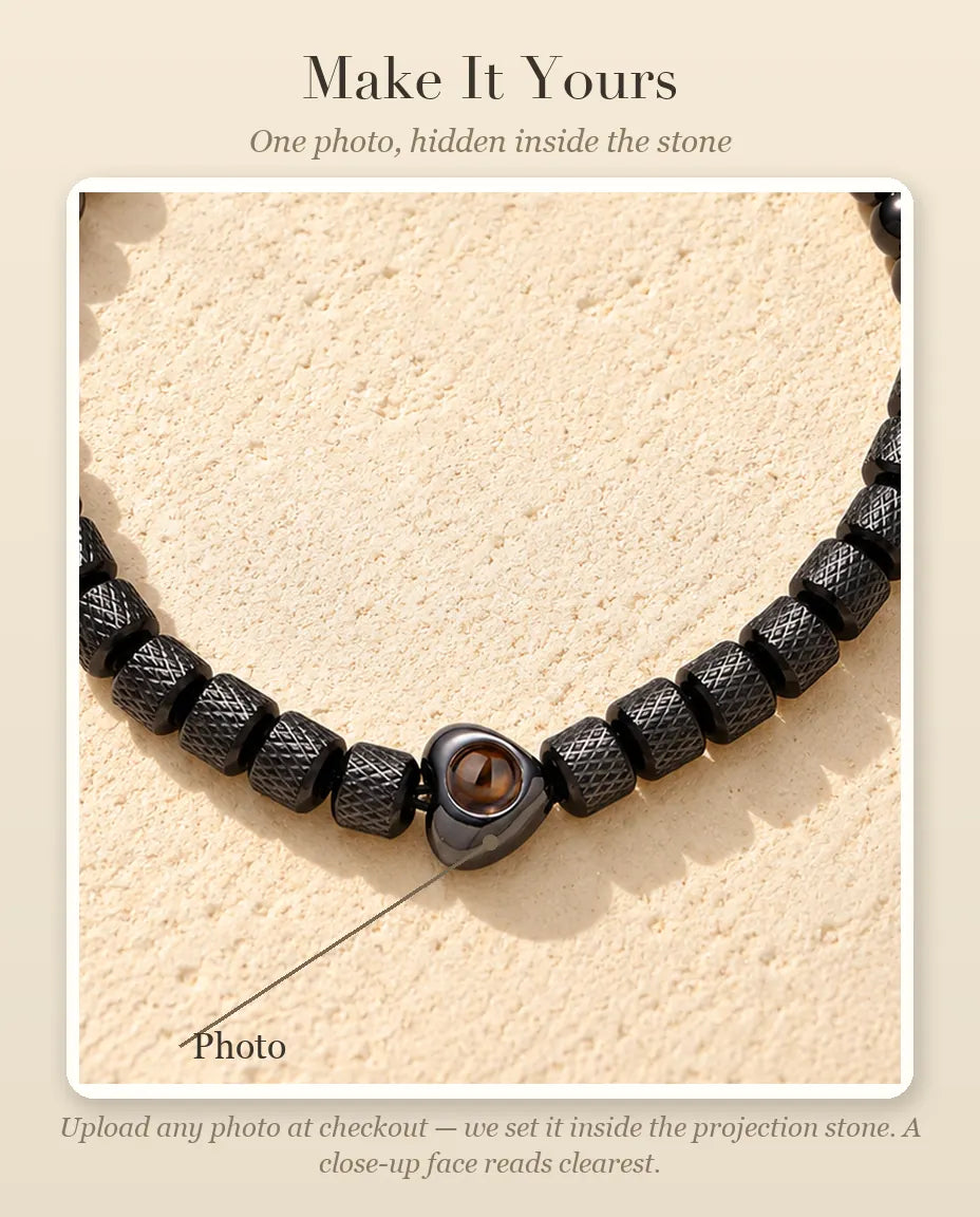 Personalization guide showing where your photo goes inside the heart projection bead