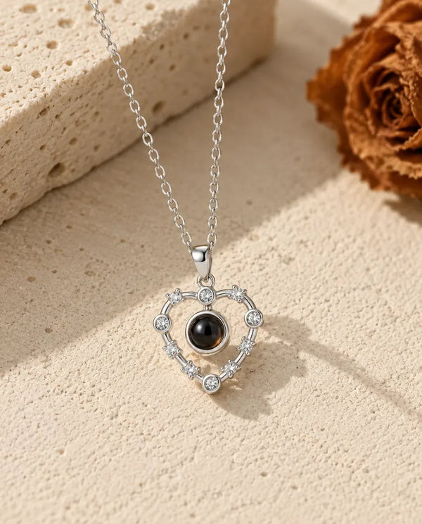 Heart Photo Projection Necklace - front view in silver