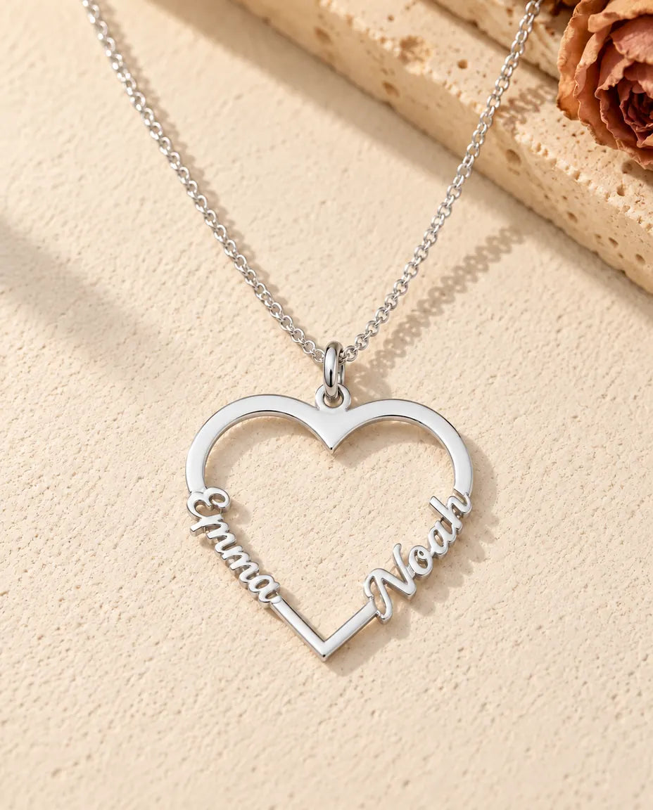 Personalized Heart Name Necklace in 925 Sterling Silver - Open Heart with Two Script Names - front view in silver