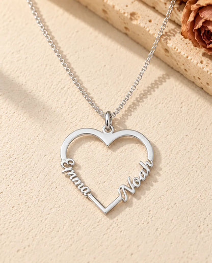 Personalized Heart Name Necklace in 925 Sterling Silver - Open Heart with Two Script Names - front view in silver