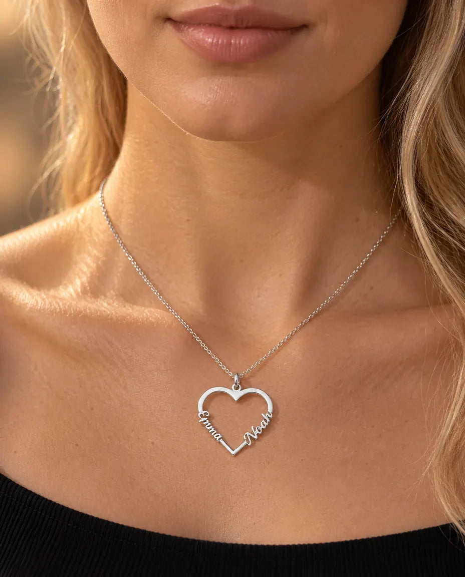 Personalized Heart Name Necklace in 925 Sterling Silver - Open Heart with Two Script Names - worn on a model