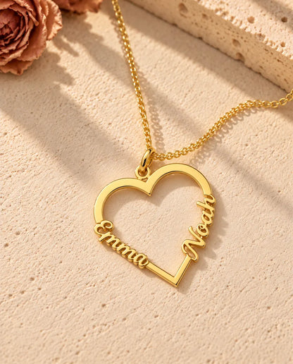 Personalized Heart Name Necklace in 925 Sterling Silver - Open Heart with Two Script Names - in gold finish