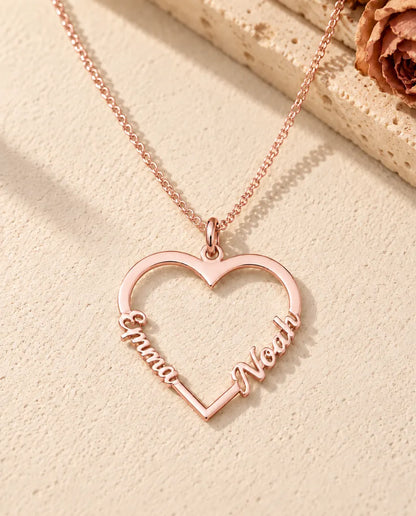 Personalized Heart Name Necklace in 925 Sterling Silver - Open Heart with Two Script Names - in rose gold finish