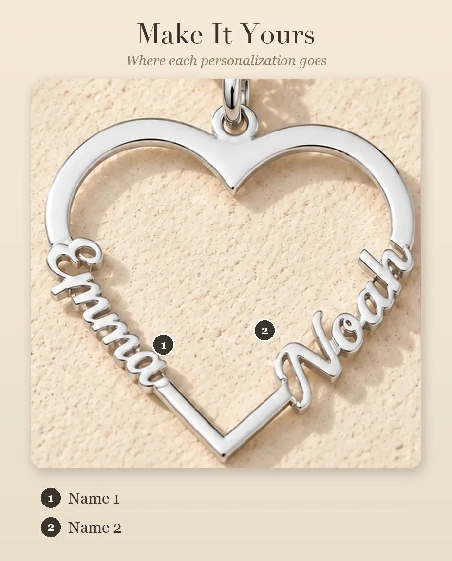 Personalized Heart Name Necklace in 925 Sterling Silver - Open Heart with Two Script Names - personalization guide: where your name goes
