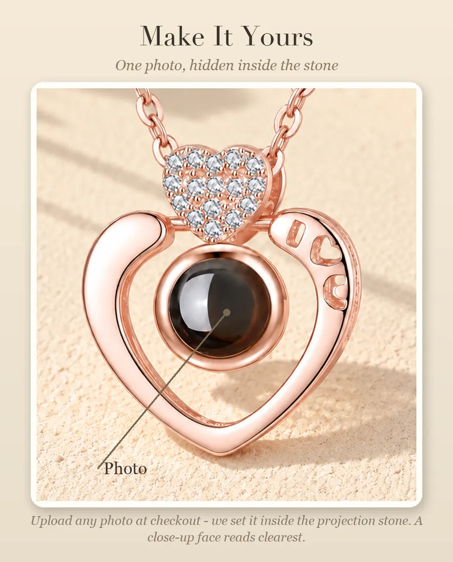 Personalization guide showing where your photo goes inside the projection stone of the open heart necklace