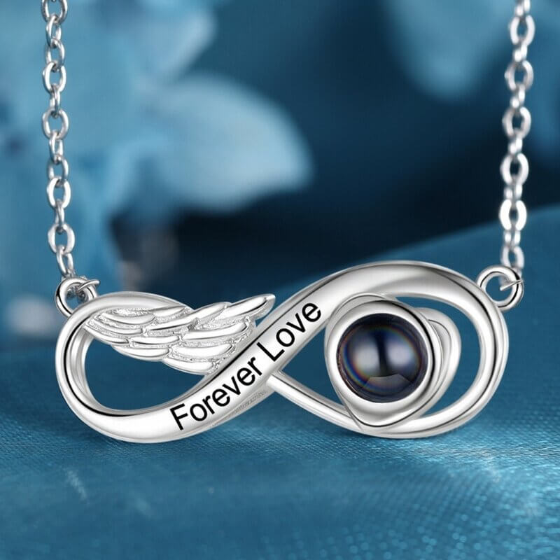 Personalized Infinity Photo Projection Necklace with Engraving, Infinity Necklace with Photo Inside
