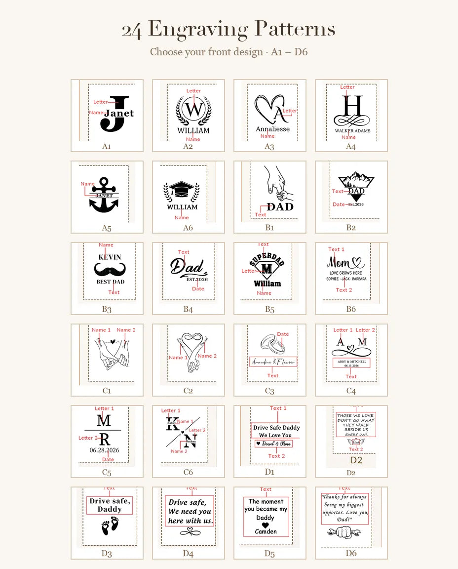 24 engraving pattern choices A1 to D6 for the personalized faux leather keychain