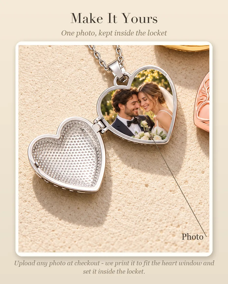 Personalization guide showing where your photo goes inside the lotus flower heart photo locket