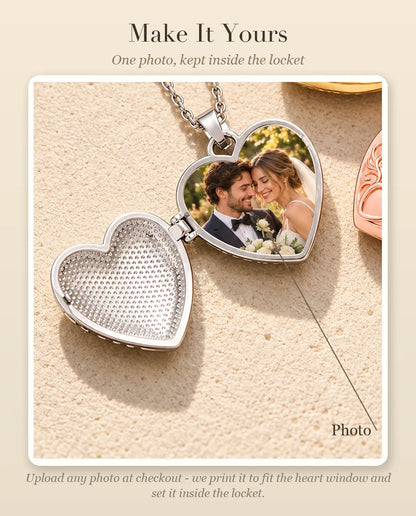 Personalization guide showing where your photo goes inside the lotus flower heart photo locket