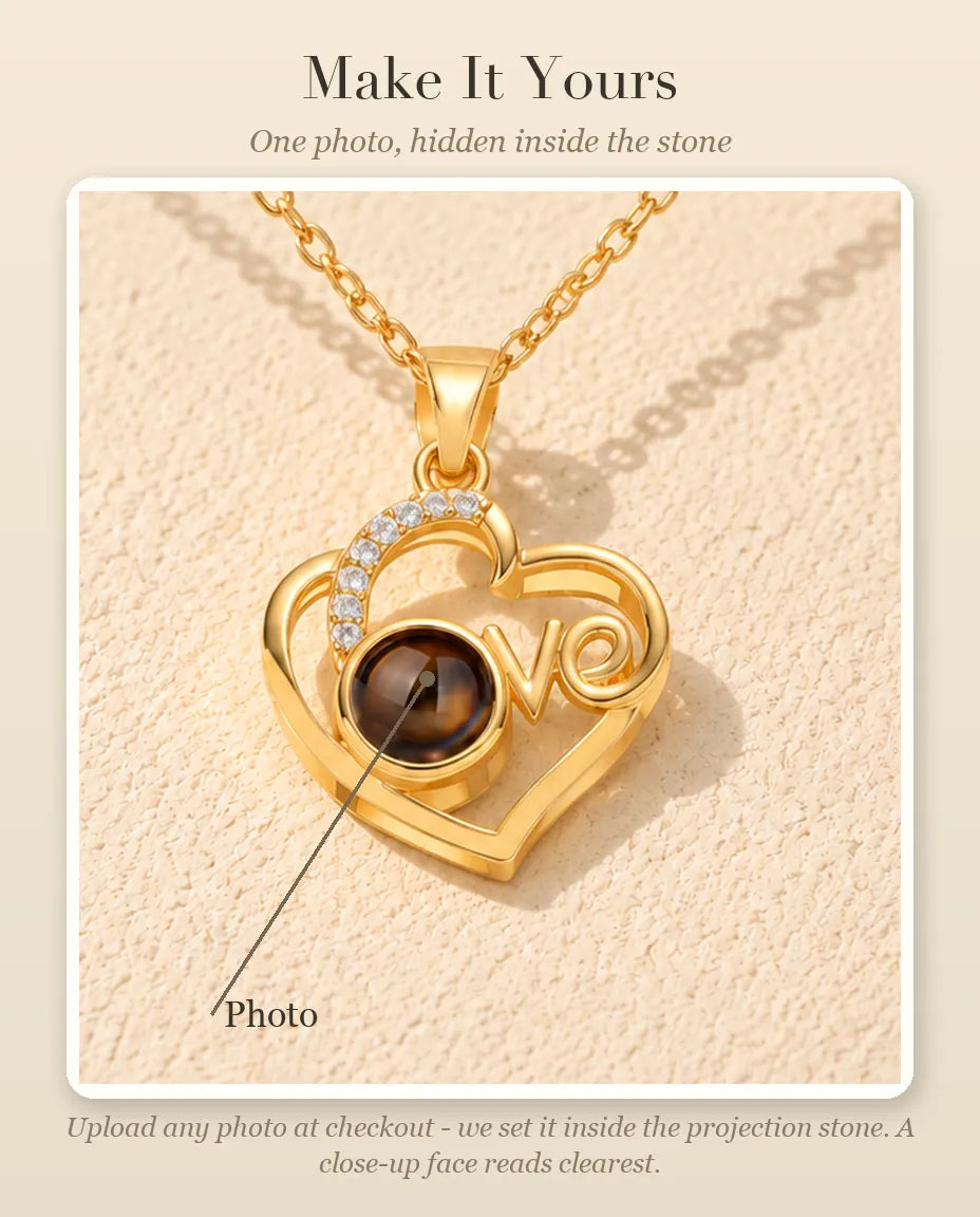 Personalization guide showing the photo inside the projection stone of the Love heart necklace