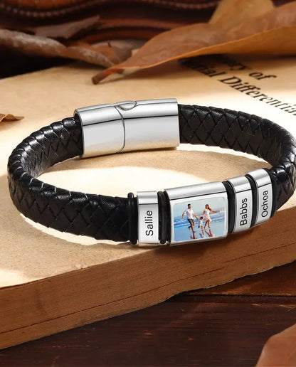 Black leather photo bracelet with silver clasp and engraved name beads