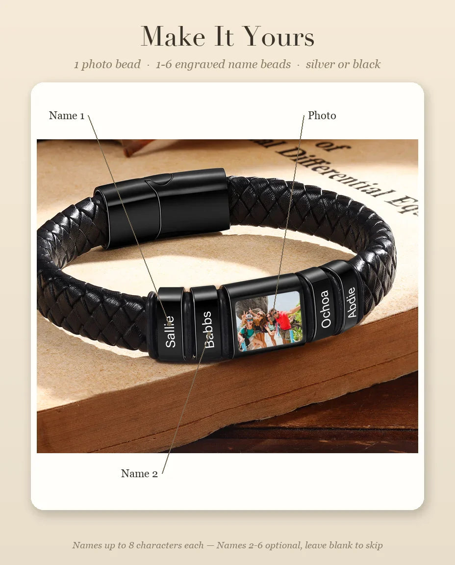 Personalization guide: photo bead and name bead positions for the leather bracelet