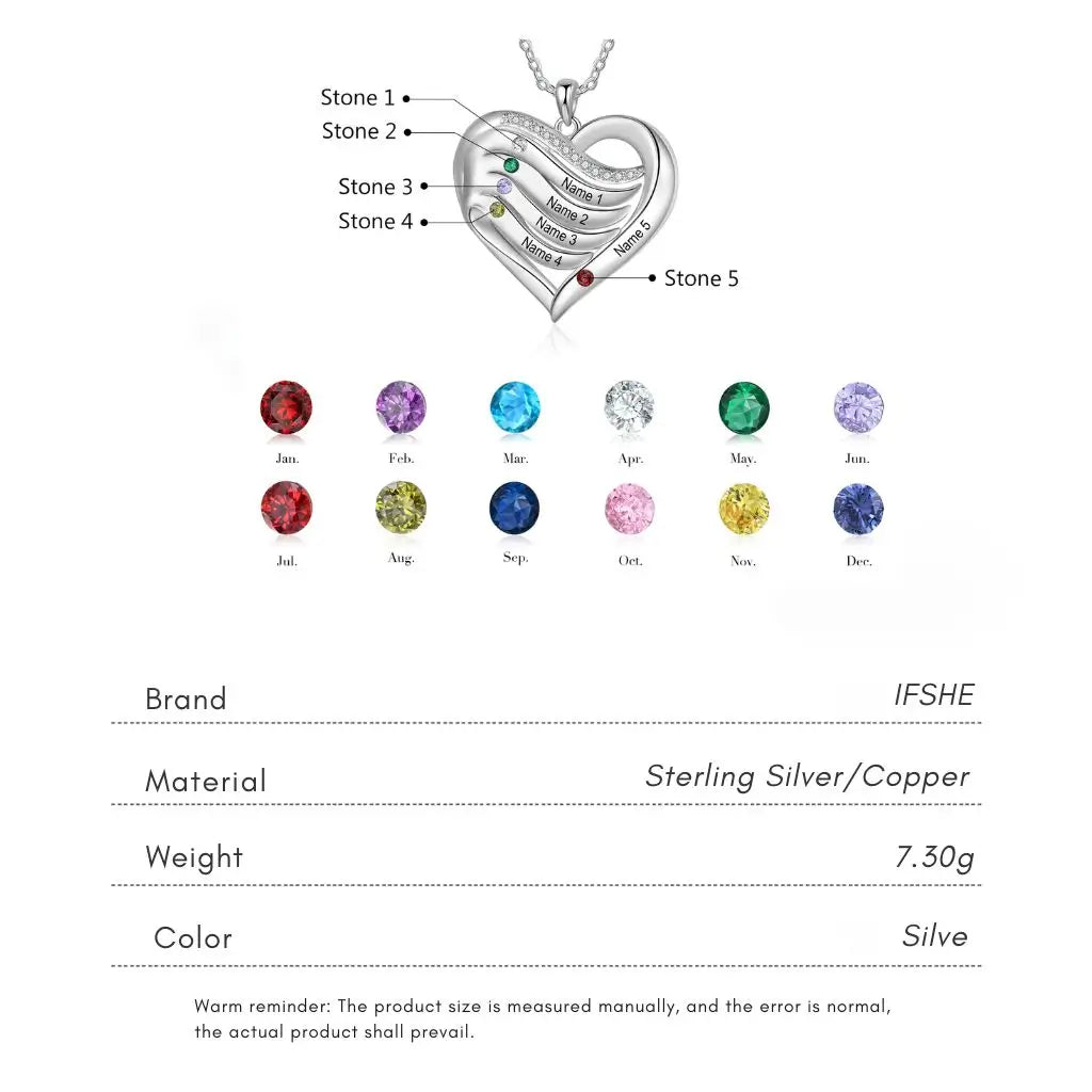 Personalized Name Engraved Heart Necklace for Mom with 2-5 Children's Birthstones, 925 Sterling Silver/Copper