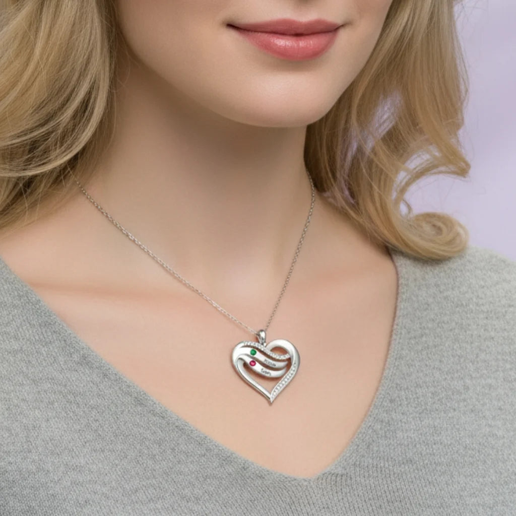 Personalized Name Engraved Heart Necklace for Mom with 2-5 Children's Birthstones, 925 Sterling Silver/Copper