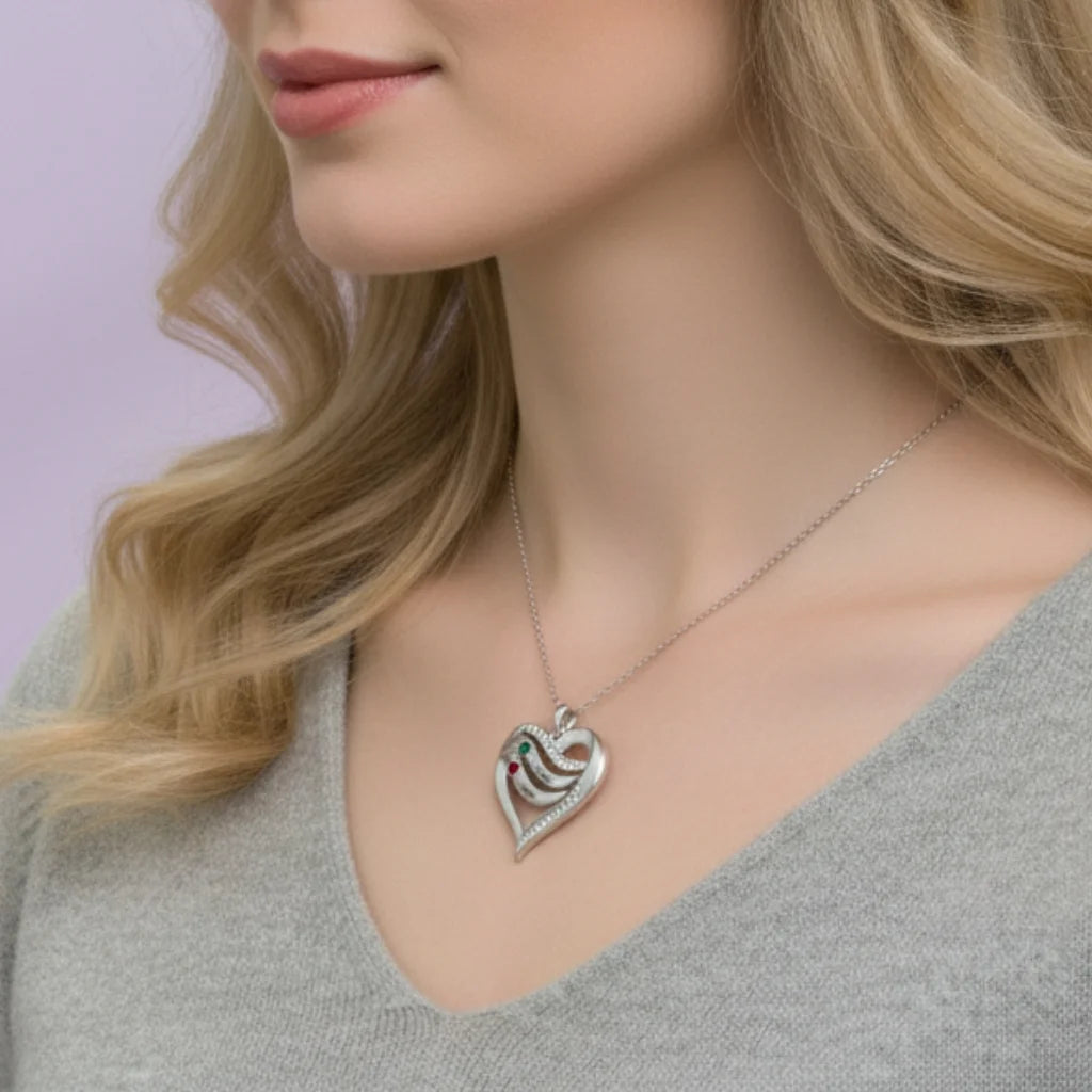 Personalized Name Engraved Heart Necklace for Mom with 2-5 Children's Birthstones, 925 Sterling Silver/Copper