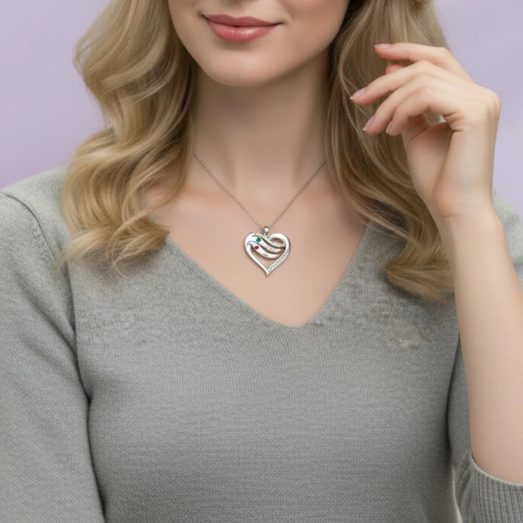 Personalized Name Engraved Heart Necklace for Mom with 2-5 Children's Birthstones, 925 Sterling Silver/Copper