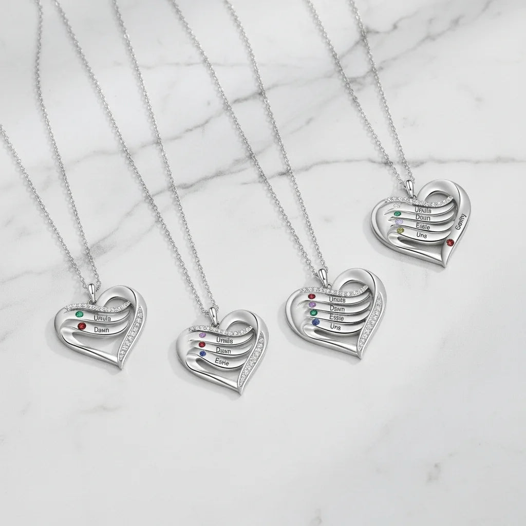 Personalized Name Engraved Heart Necklace for Mom with 2-5 Children's Birthstones, 925 Sterling Silver/Copper