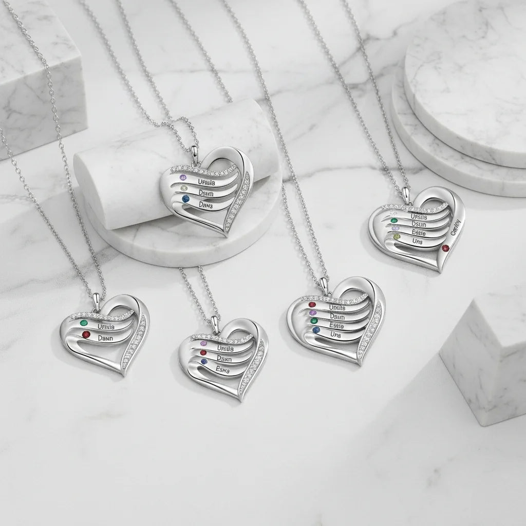 Personalized Name Engraved Heart Necklace for Mom with 2-5 Children's Birthstones, 925 Sterling Silver/Copper