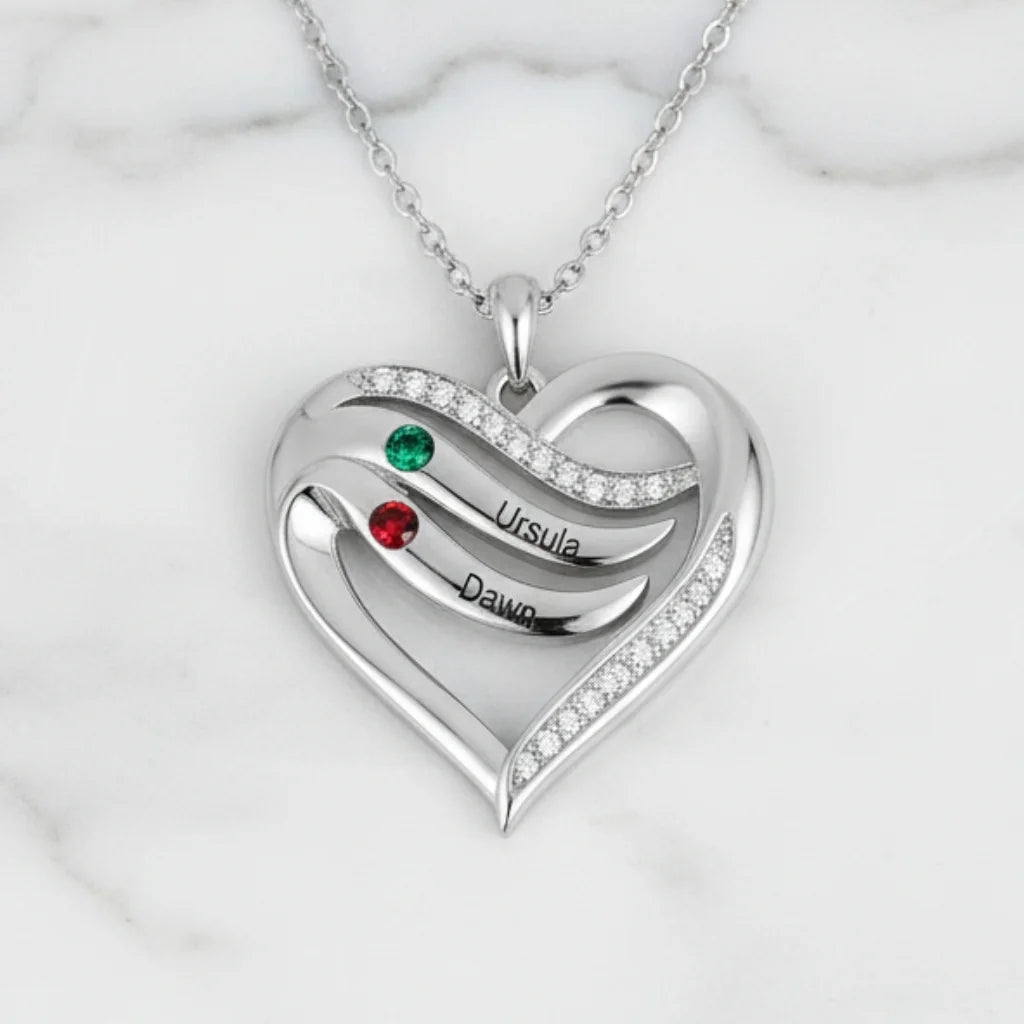 Personalized Name Engraved Heart Necklace for Mom with 2-5 Children's Birthstones, 925 Sterling Silver/Copper