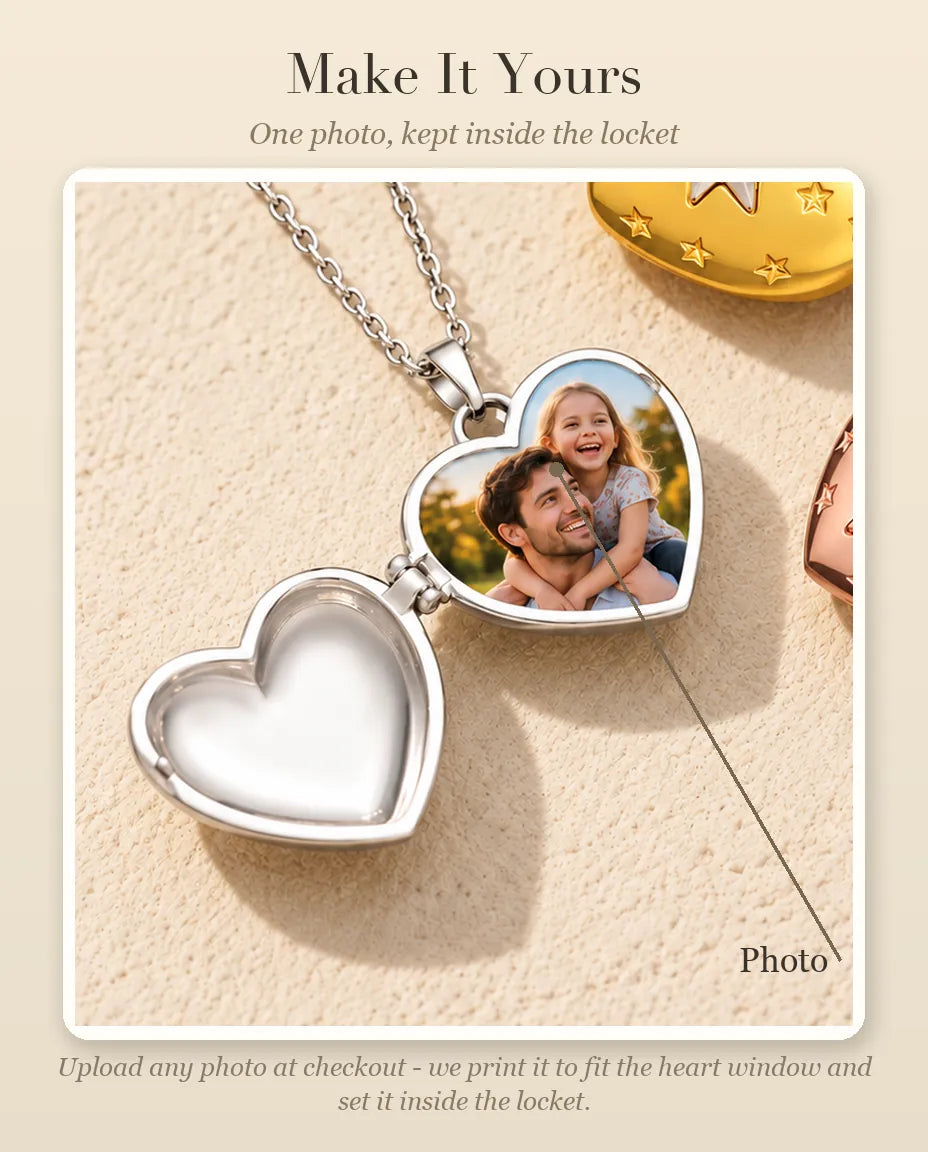 Personalization guide showing where your photo goes inside the north star heart photo locket