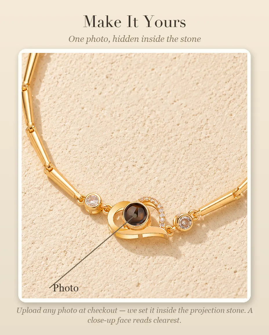 Personalization guide showing where your photo goes inside the open heart projection stone