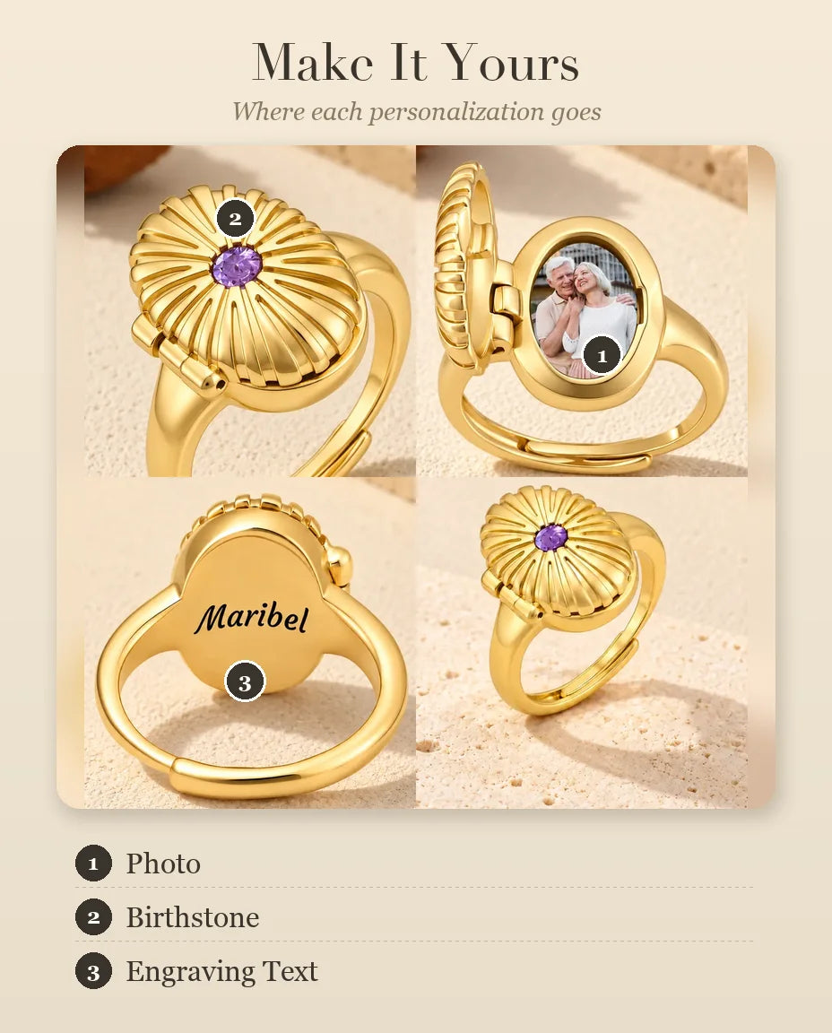 Personalization guide for the oval locket ring: photo, birthstone and engraving