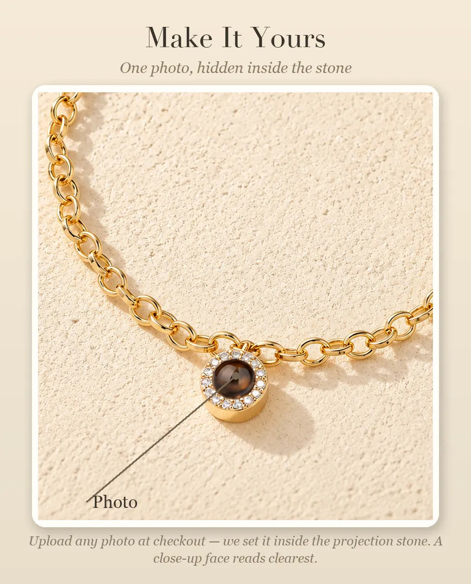 Personalization guide showing where your photo goes inside the projection stone of the pave circle charm
