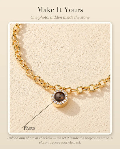 Personalization guide showing where your photo goes inside the projection stone of the pave circle charm