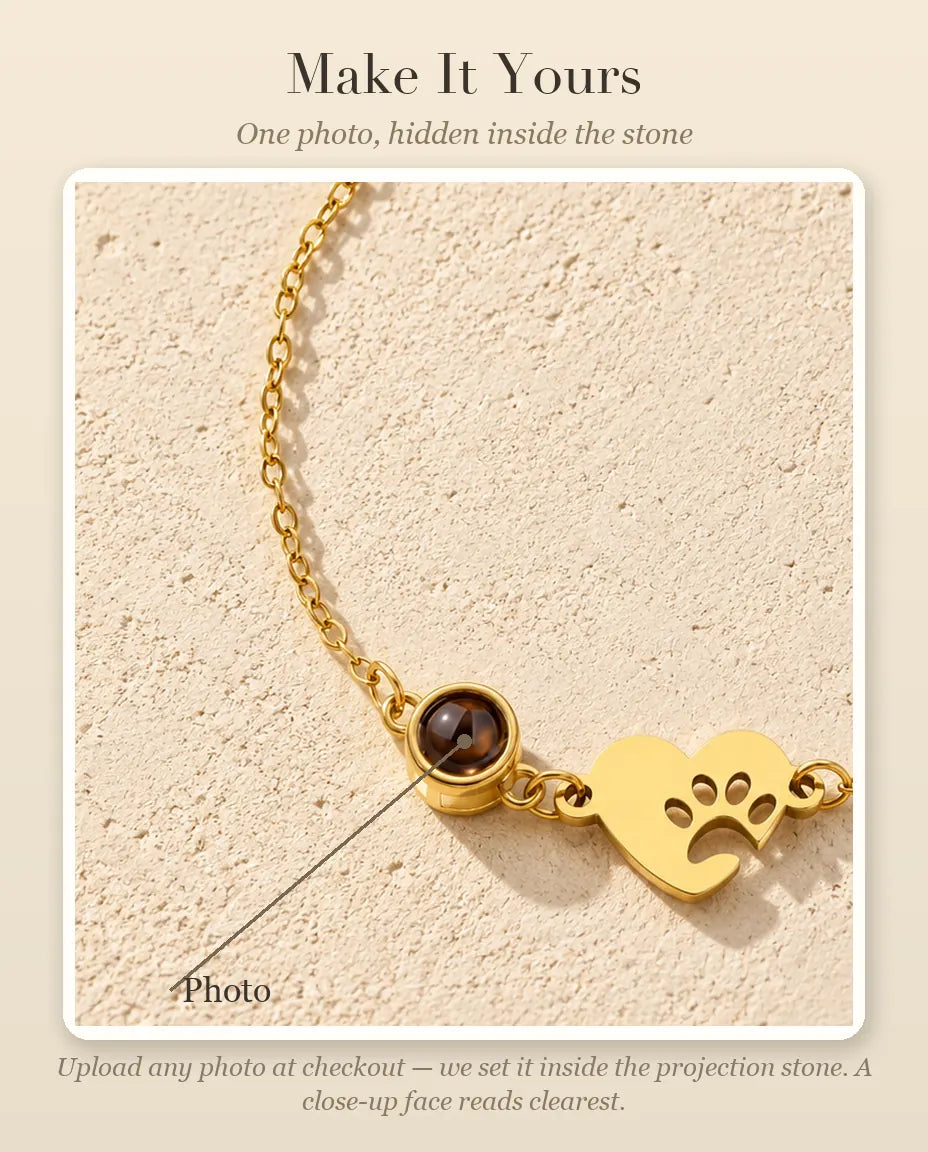 Personalization guide showing where your pet photo goes inside the projection stone