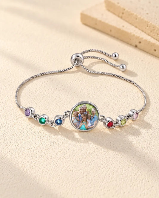 Personalized Photo Bracelet with 1-6 Birthstones - front view