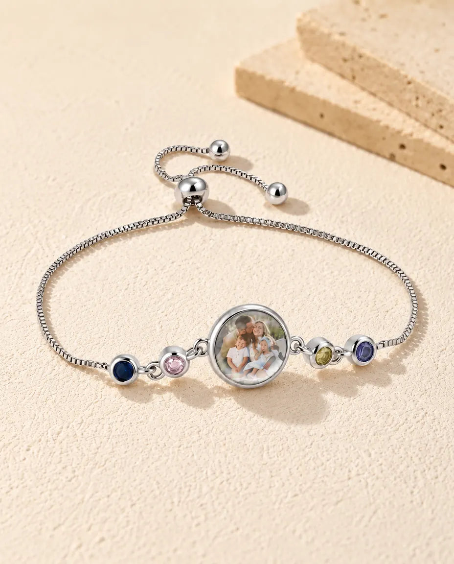 Personalized Photo Bracelet with 1-6 Birthstones - three-quarter view