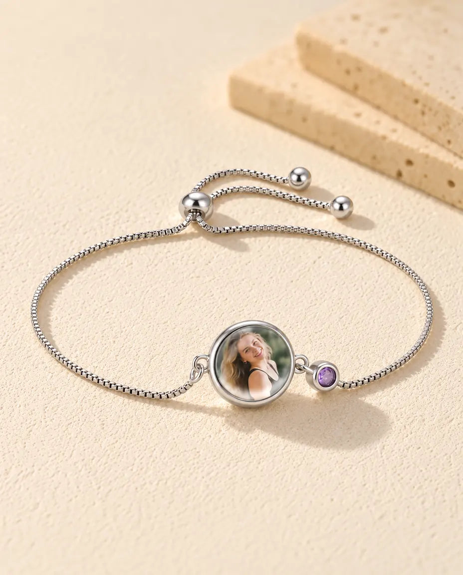 Personalized Photo Bracelet with 1-6 Birthstones - version with 1 name and birthstone