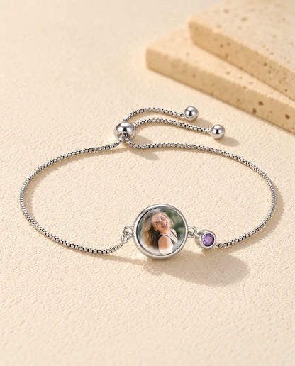 Personalized Photo Bracelet with 1-6 Birthstones - version with 1 name and birthstone