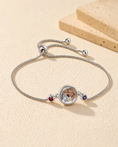 Personalized Photo Bracelet with 1-6 Birthstones - version with 2 names and birthstones
