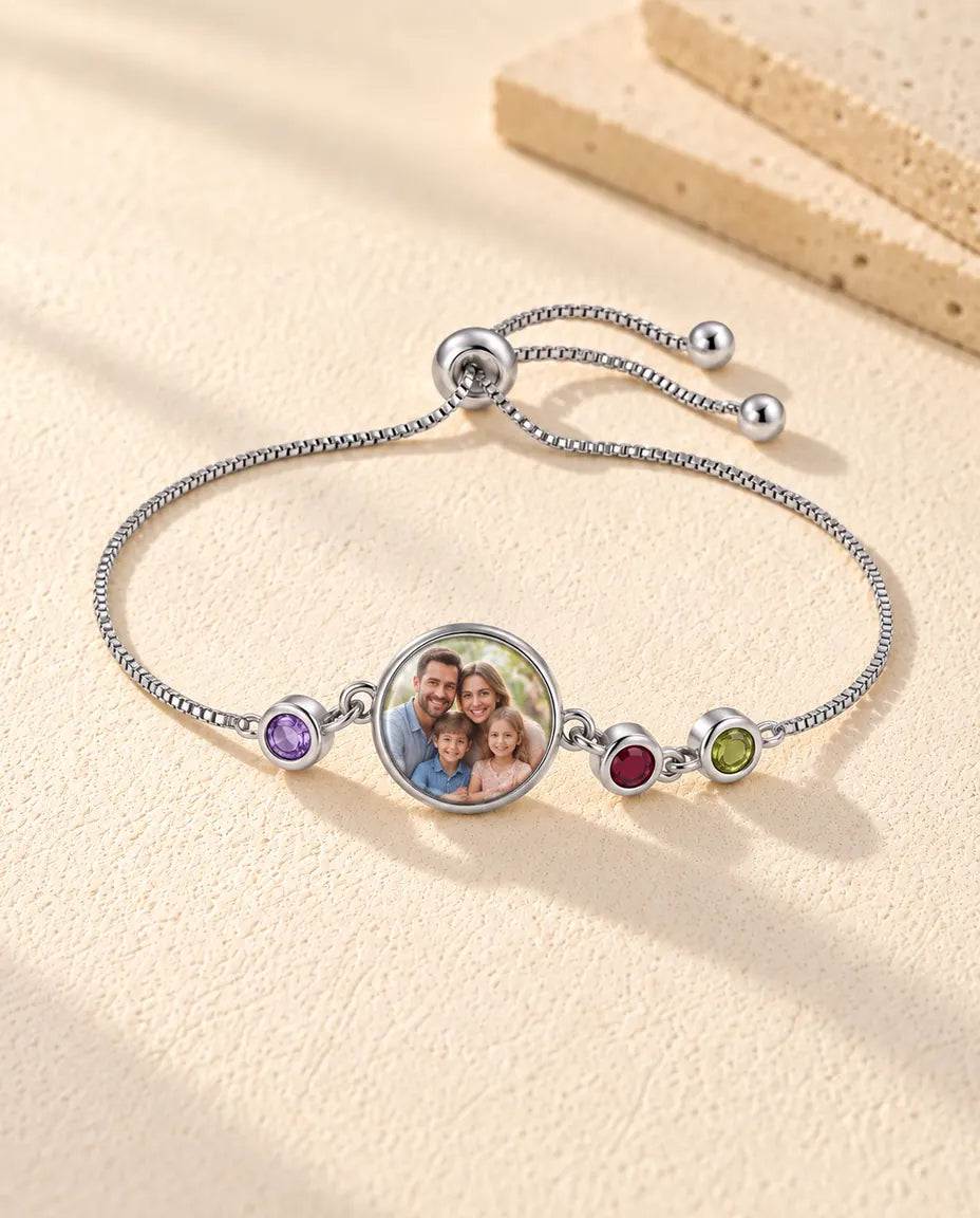 Personalized Photo Bracelet with 1-6 Birthstones - version with 3 names and birthstones