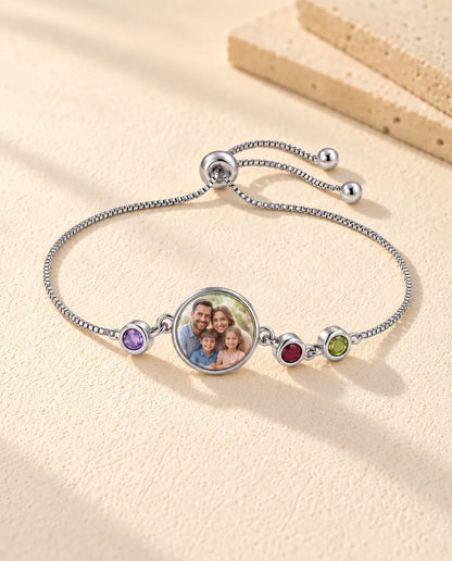 Personalized Photo Bracelet with 1-6 Birthstones - version with 3 names and birthstones