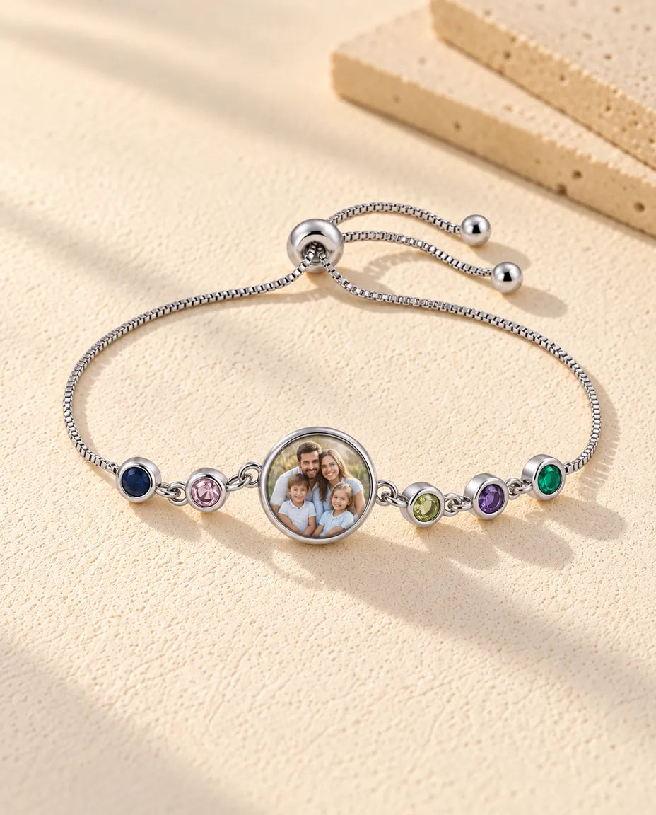 Personalized Photo Bracelet with 1-6 Birthstones - version with 5 names and birthstones