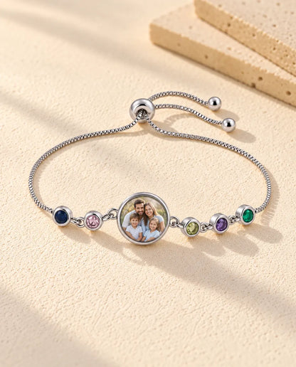 Personalized Photo Bracelet with 1-6 Birthstones - version with 5 names and birthstones